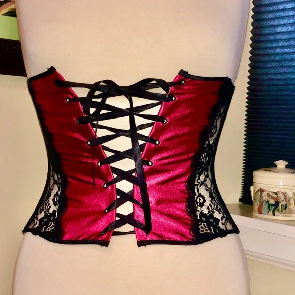 Vtg. 90's Shirley Red Satin & Black Lace Underbust Corset - Small - Picture 2 of 13